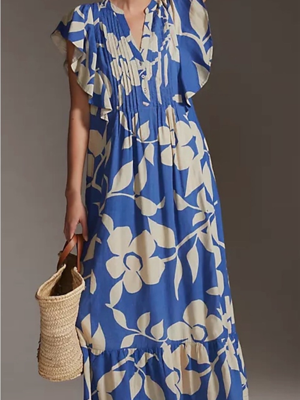 Anthropologie Blue and Cream Floral Maxi Dress